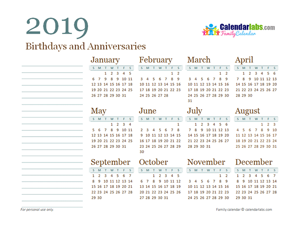 2019 Yearly Family Calendar