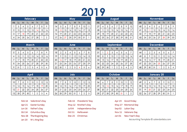 2019 Accounting Calendar 4 5 4 Free Printable Templates