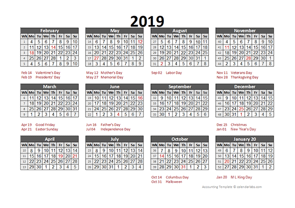 2019 Accounting Calendar 5-4-4 - Free Printable Templates