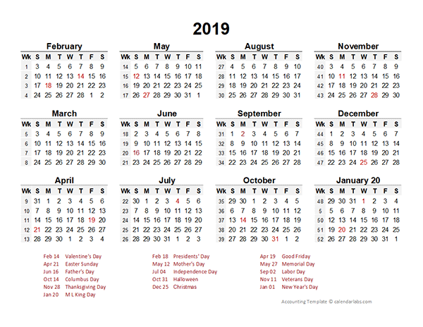 2019 Accounting Period Calendar 4 4 5 Free Printable Templates