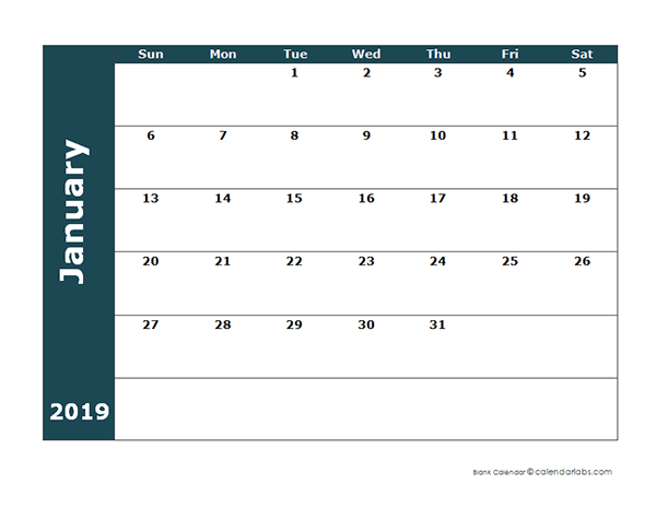 2019 Monthly Blank Calendar
