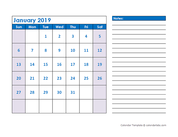 2019 Blank Printable Calendar