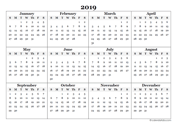 2019 Year Calendar Template from www.calendarlabs.com