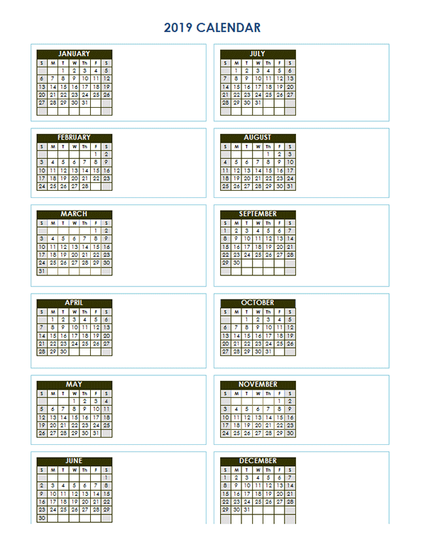 2019 Blank Yearly Calendar Vertical Template Free Printable Templates