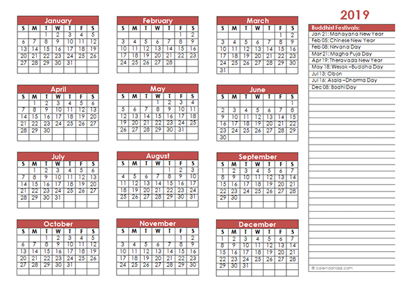 2019 Buddhist Festivals Calendar Template
