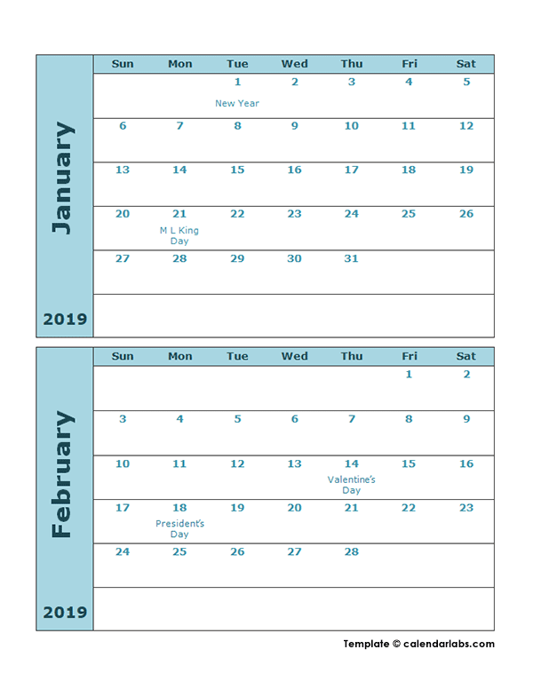 2019 Calendar Template Two Months Per Page Free Printable Templates