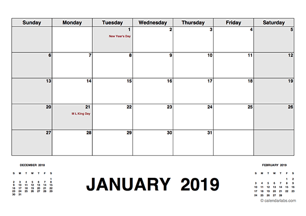 2019 Calendar With Holidays PDF