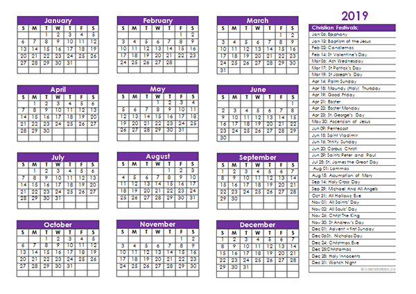 2019 Christian Festivals Calendar Template