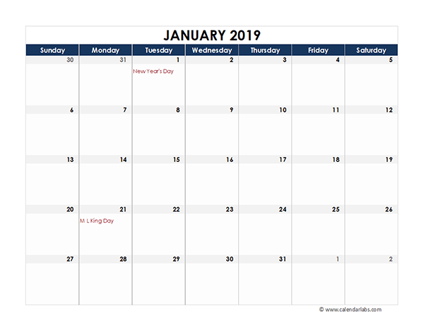 2019 Calendar Excel