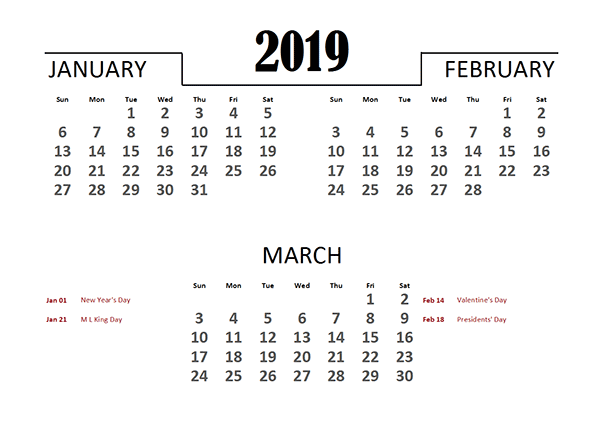 2019 Excel Quarterly Calendar Template