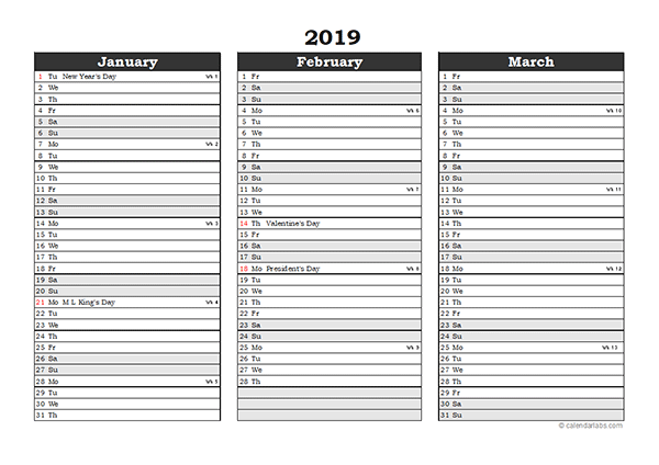 Editable 2019 Excel Three Month Calendar - Free Printable ...
