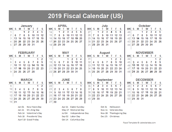 2019 USA Fiscal Quarter Calendar