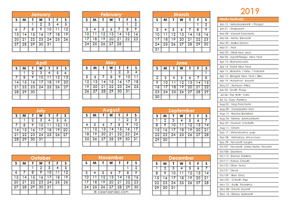 2019 Hindu Festivals Calendar Template