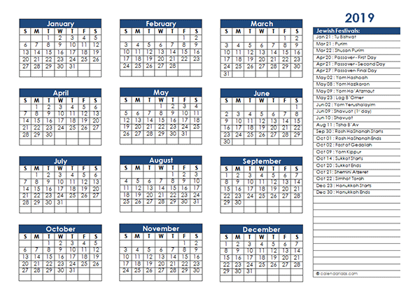 2019 Jewish Festivals Calendar Template