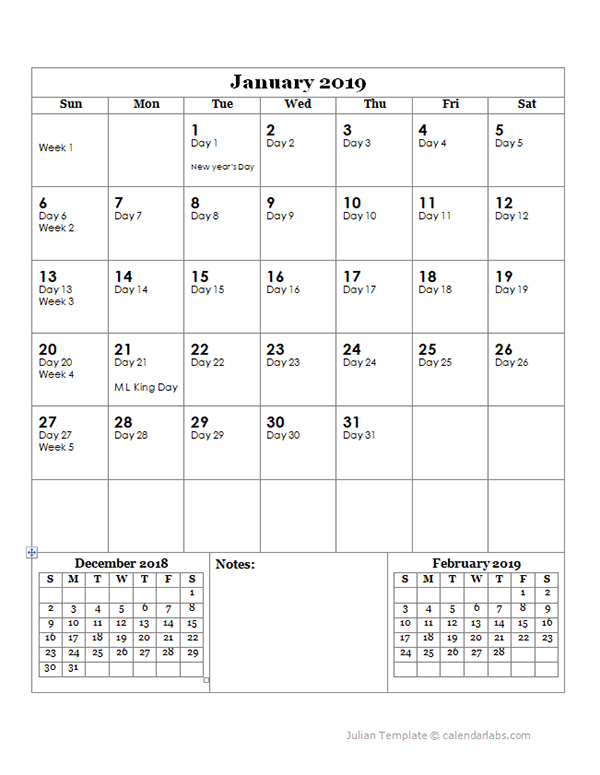 2019 Julian Day Calendar