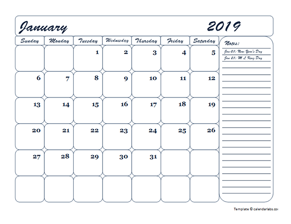 2019 Monthly Blank Calendar Template