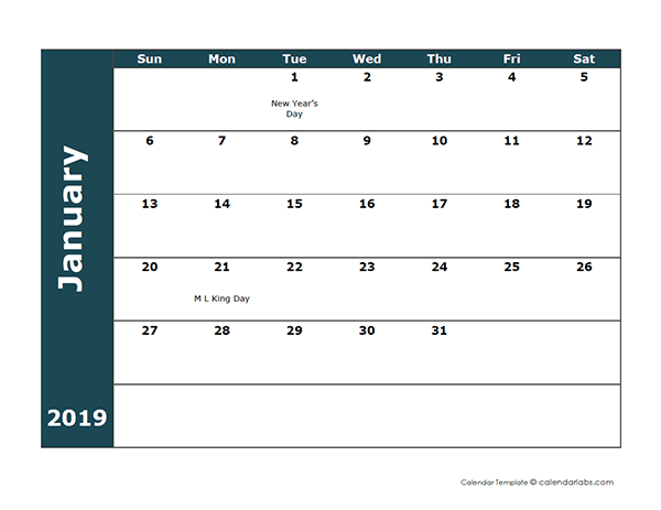 2019 Monthly Calendar Template