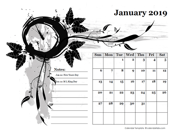 2019 Monthly Calendar Design Template