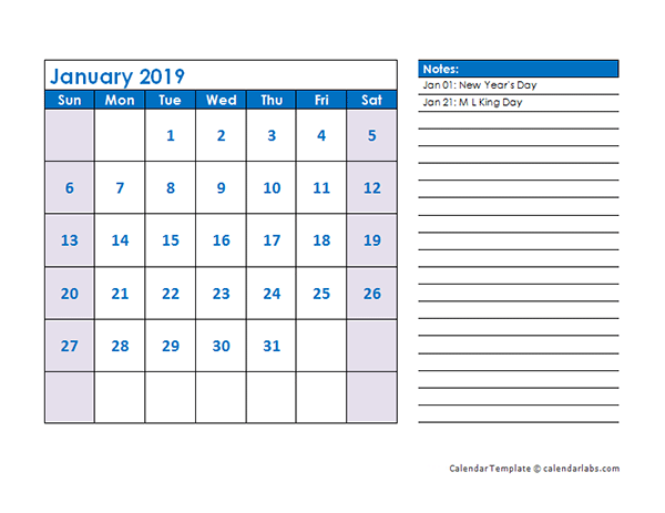 2019 Monthly Calendar Template Landscape
