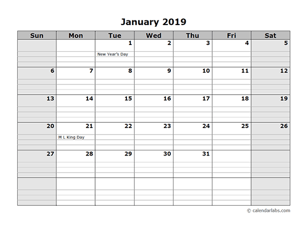 2019 Monthly Calendar With Daily Notes Free Printable