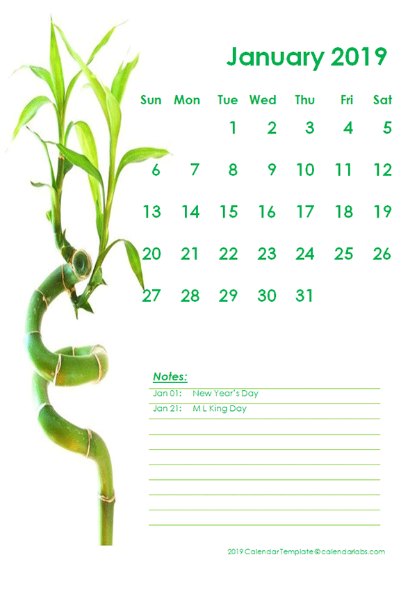 2019 Monthly Calendar Template Green Design