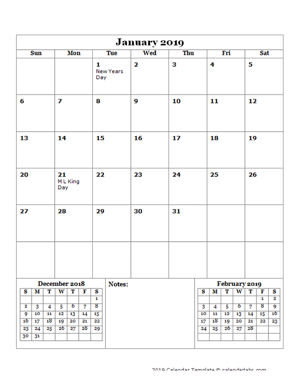 2019 Monthly Calendar Template Portrait Free Printable Templates