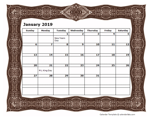 2019 Monthly Calendar Template with Frame Design