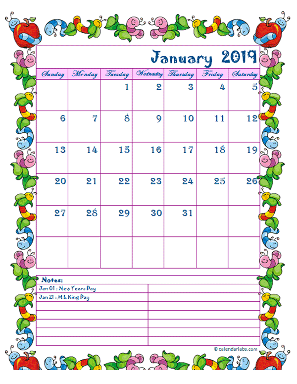 2019 Monthly Kid Kindergarten Calendar Template Free