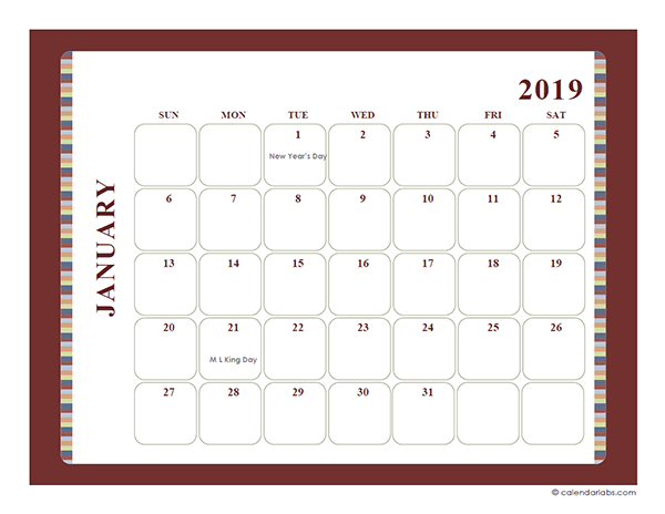 2019 Monthly Calendar Template Boxes Free