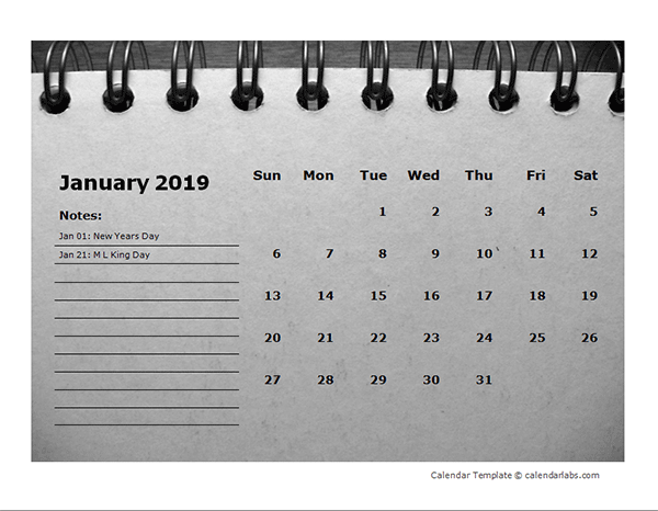 2019 Monthly Calendar Template Room for Notes
