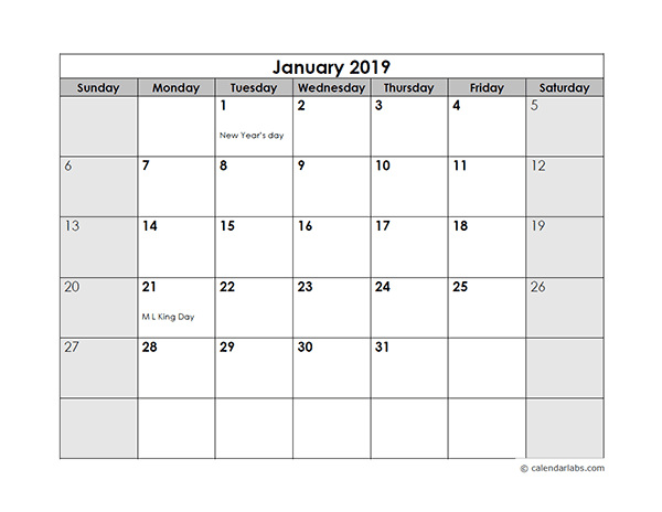 2019 Monthly Calendar With US Holidays Free Printable