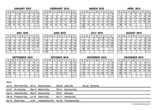 2019 PDF Yearly Calendar With Holidays