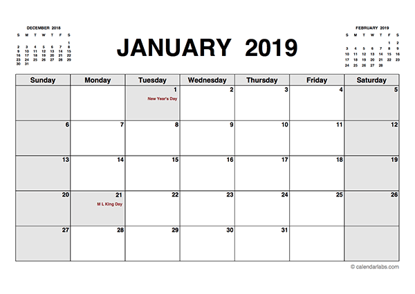2019 Printable Calendar PDF