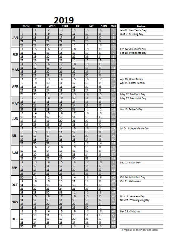 2019 Business Project Planning Calendar with Week Number