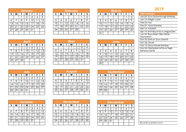 2019 Sikh Festivals Calendar Template