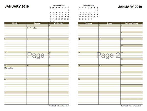 2019 Two Page Monthly Calendar A3 Free Printable Templates