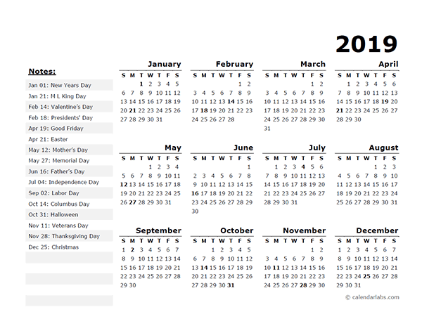  2019 Year Calendar Template with US Holidays Free 