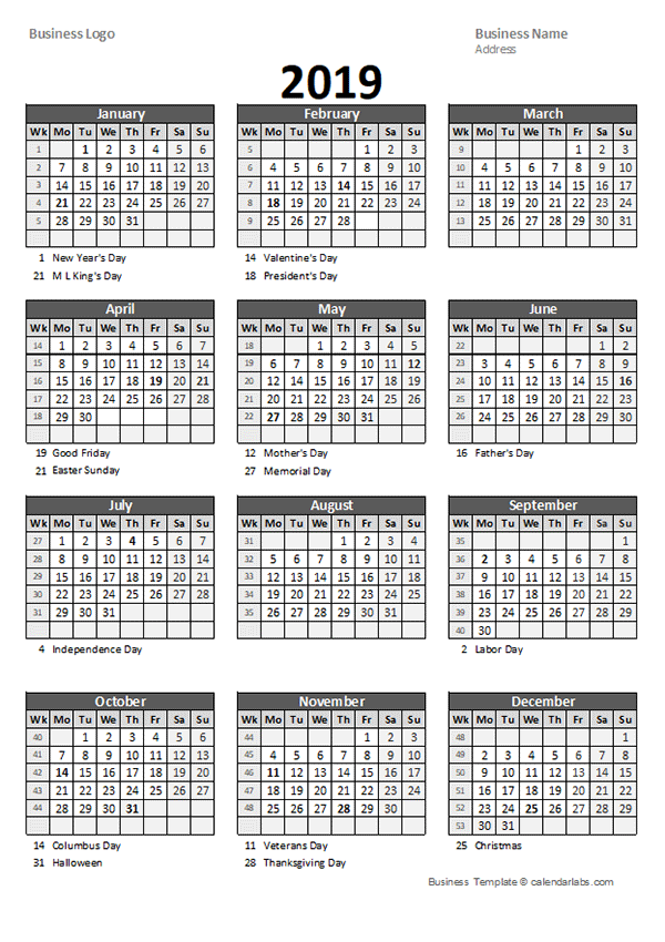 2019 Yearly Business Calendar with Week Number