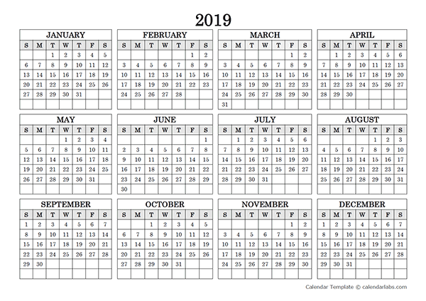 2019 blank yearly calendar landscape free printable templates