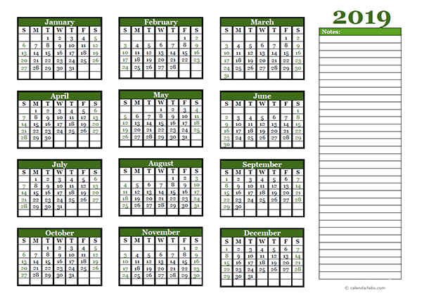 Yearly Calendar With Notes 2019