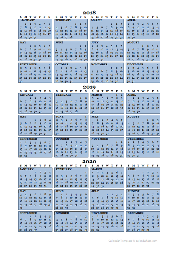 Three Year Calendar Template 2018 To 2020 Free Printable