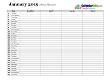 2019 Monthly Menu Planner