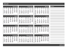 2019 12 months calendar template