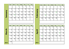 2019 four month calendar template