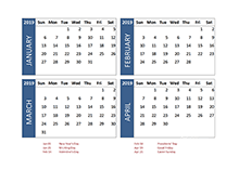 2019 four-month India calendar template