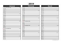 2019 three month excel calendar