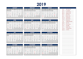 2019 Calendar Template With Holidays from www.calendarlabs.com