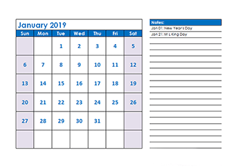 2019 monthly calendar with us holidays