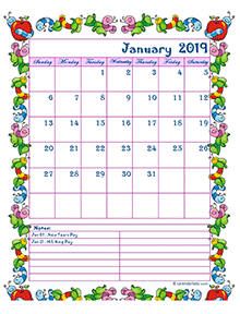 2019 monthly calendar for kindergarten kids