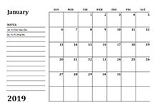 2019 calendar template with monthly notes
